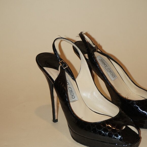 "Jimmy Choo" Croc Embossed Leather Peep Toe Slingback Heels - Size 39.5 - Picture 3 of 10